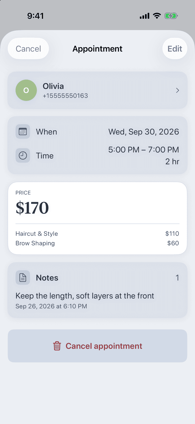 Appointment details in Pocket Client Book with client, date and time, a two-service price breakdown and a visit note