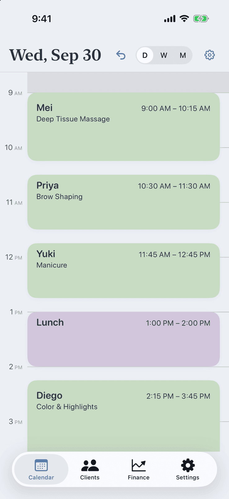 Day view in Pocket Client Book on iPhone: upcoming client appointments with name, service and time, plus a personal lunch block