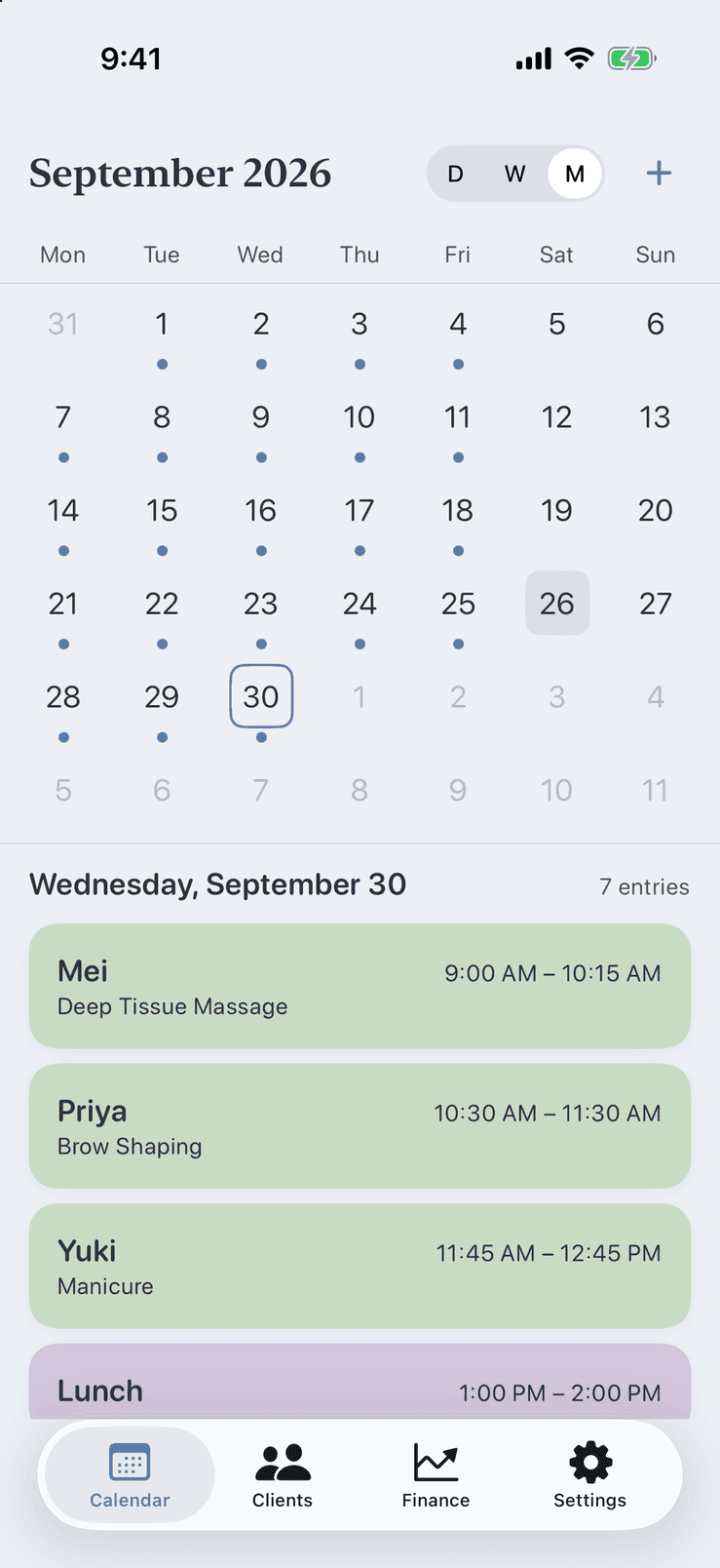 Month view in Pocket Client Book with a list of the selected day's appointments below the grid
