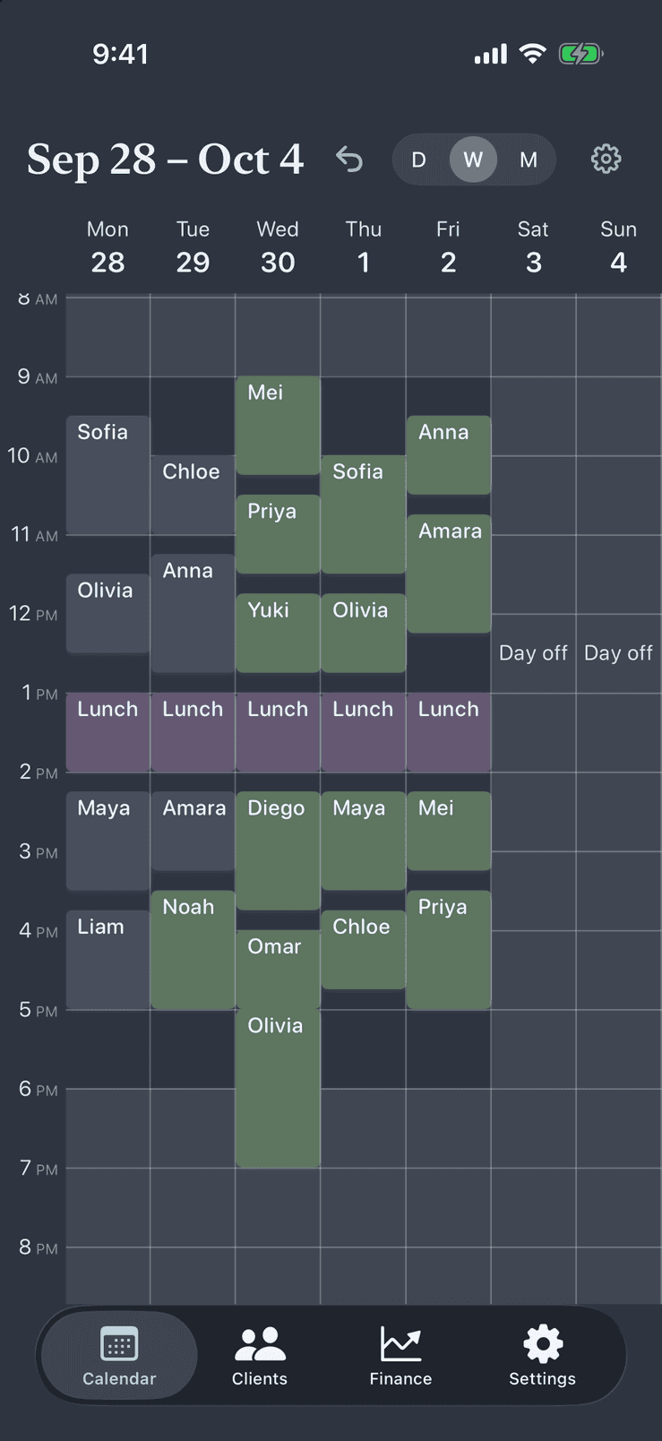 The same Pocket Client Book week calendar in the dark theme, with client appointments and lunch breaks