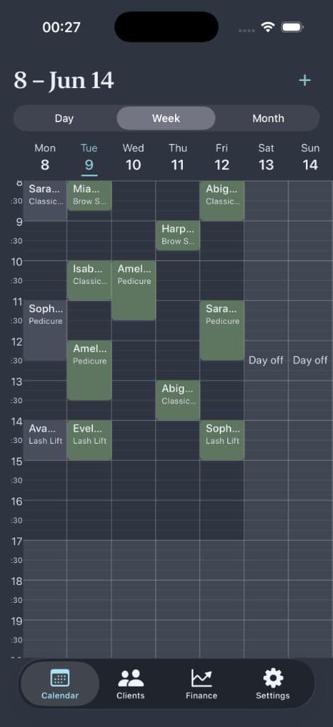 Pocket Client Book calendar week view with color-coded appointments