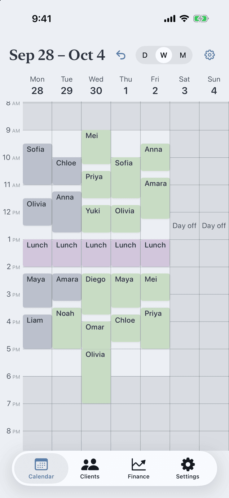 Pocket Client Book week calendar with day, week and month views and drag to reschedule