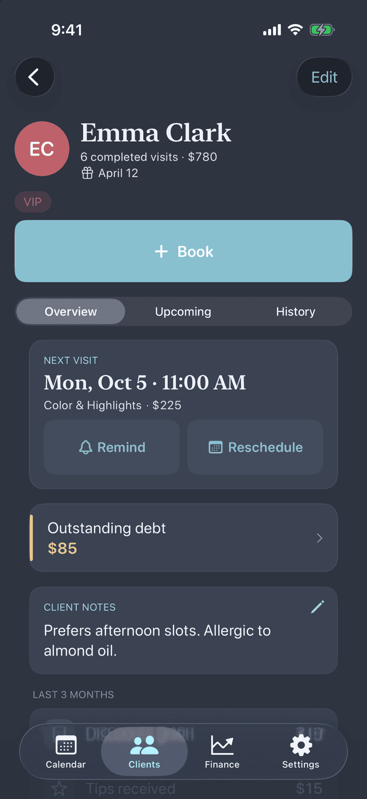 Client profile in Pocket Client Book in the dark theme with the next visit, outstanding balance and notes