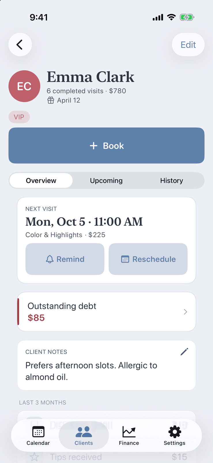 Pocket Client Book client profile with visit history, notes and outstanding balance