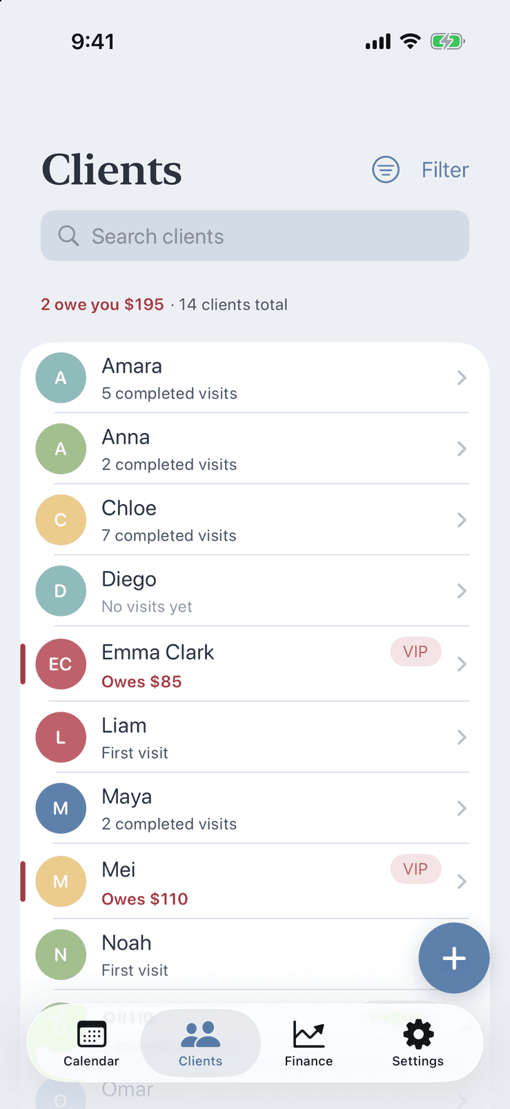 Client list in Pocket Client Book with search, colour tags and who still owes money