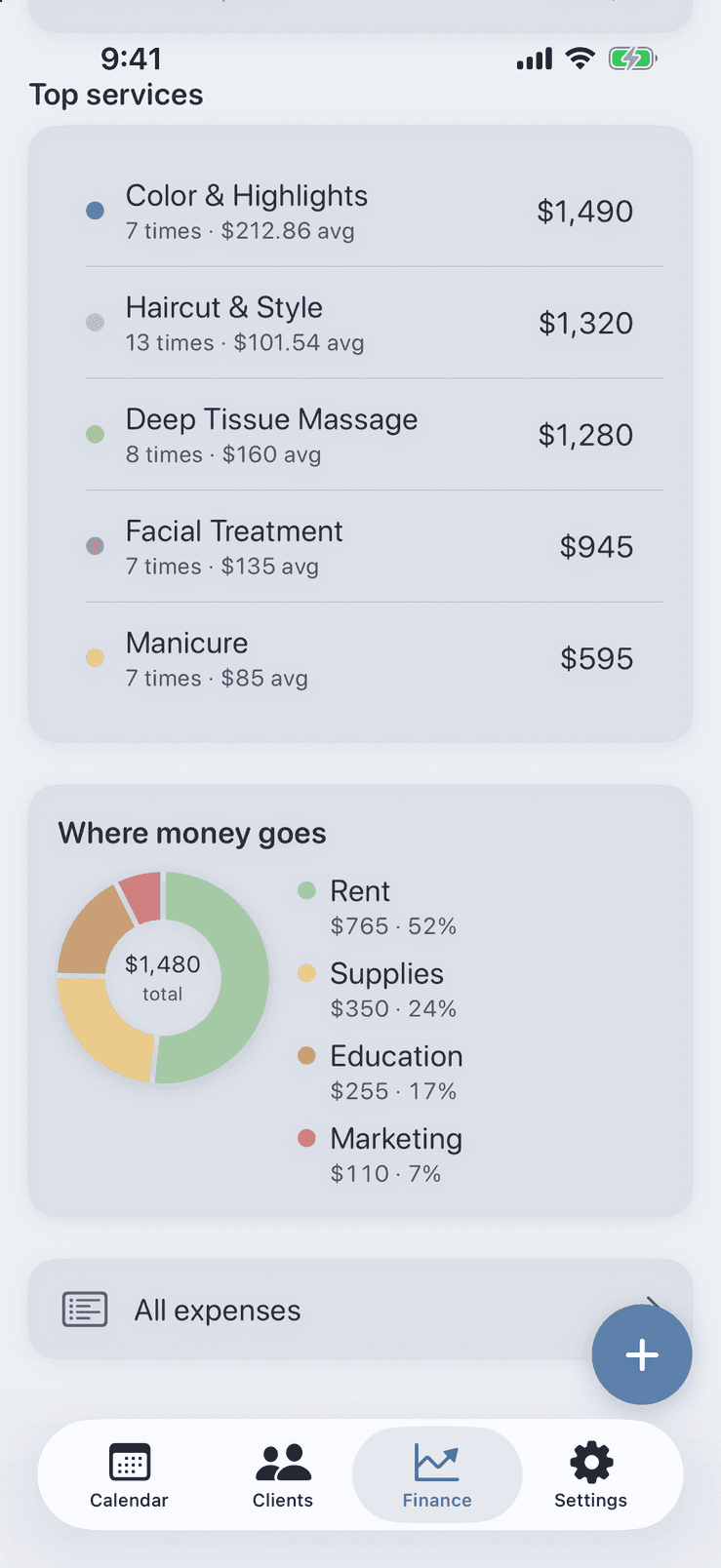 Top services by revenue and expenses broken down by category in Pocket Client Book, calculated on the device