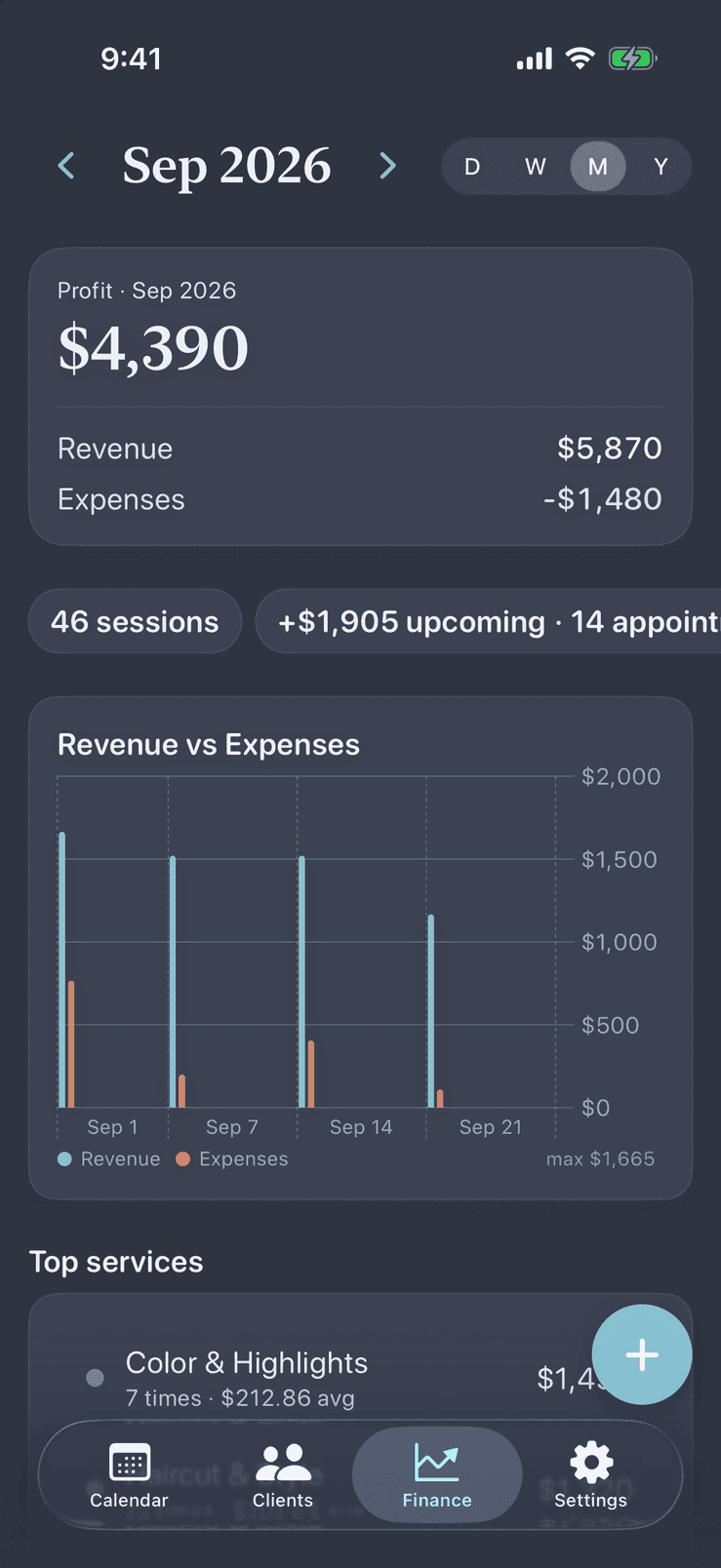 Pocket Client Book finance dashboard in the dark theme with profit, revenue, expenses and a chart