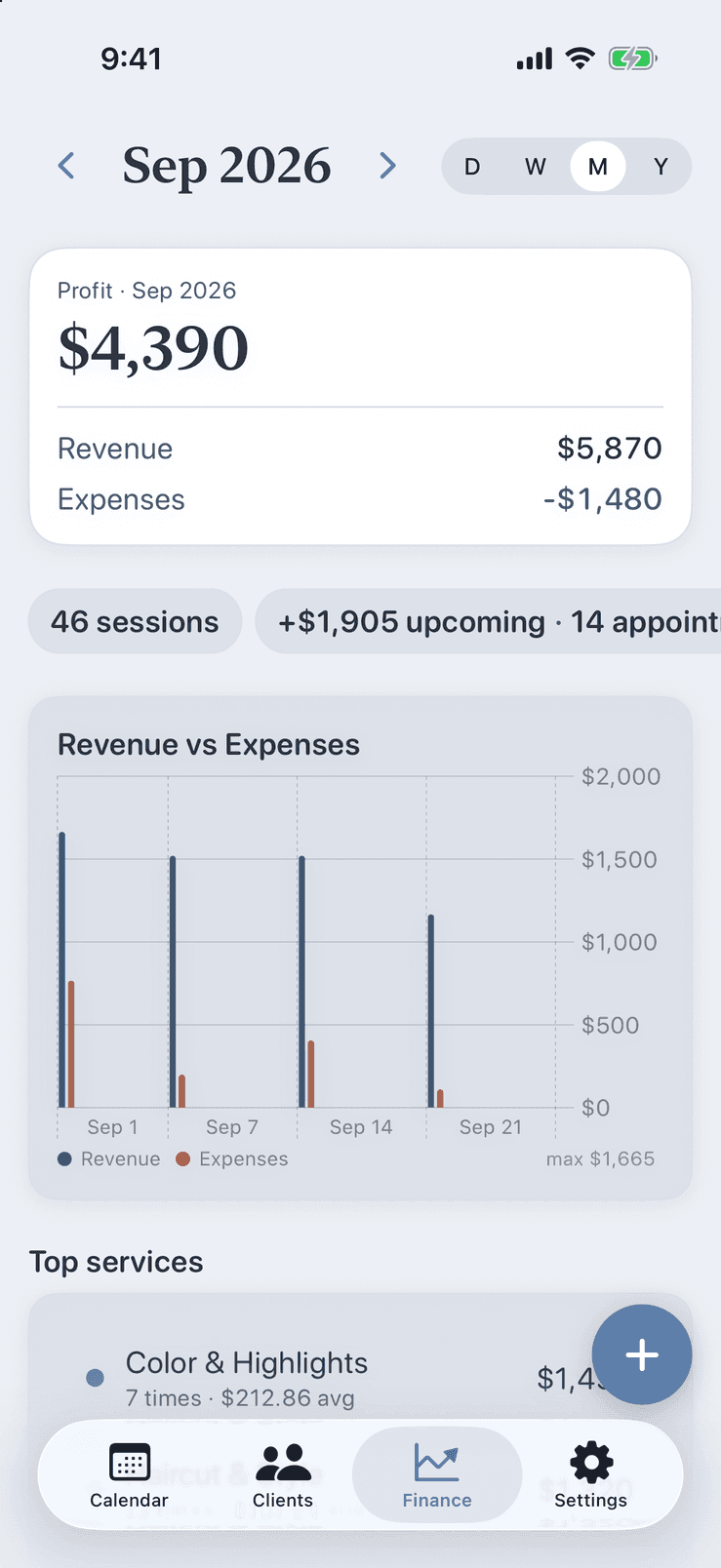 Pocket Client Book finance dashboard with revenue, expenses, profit and top services