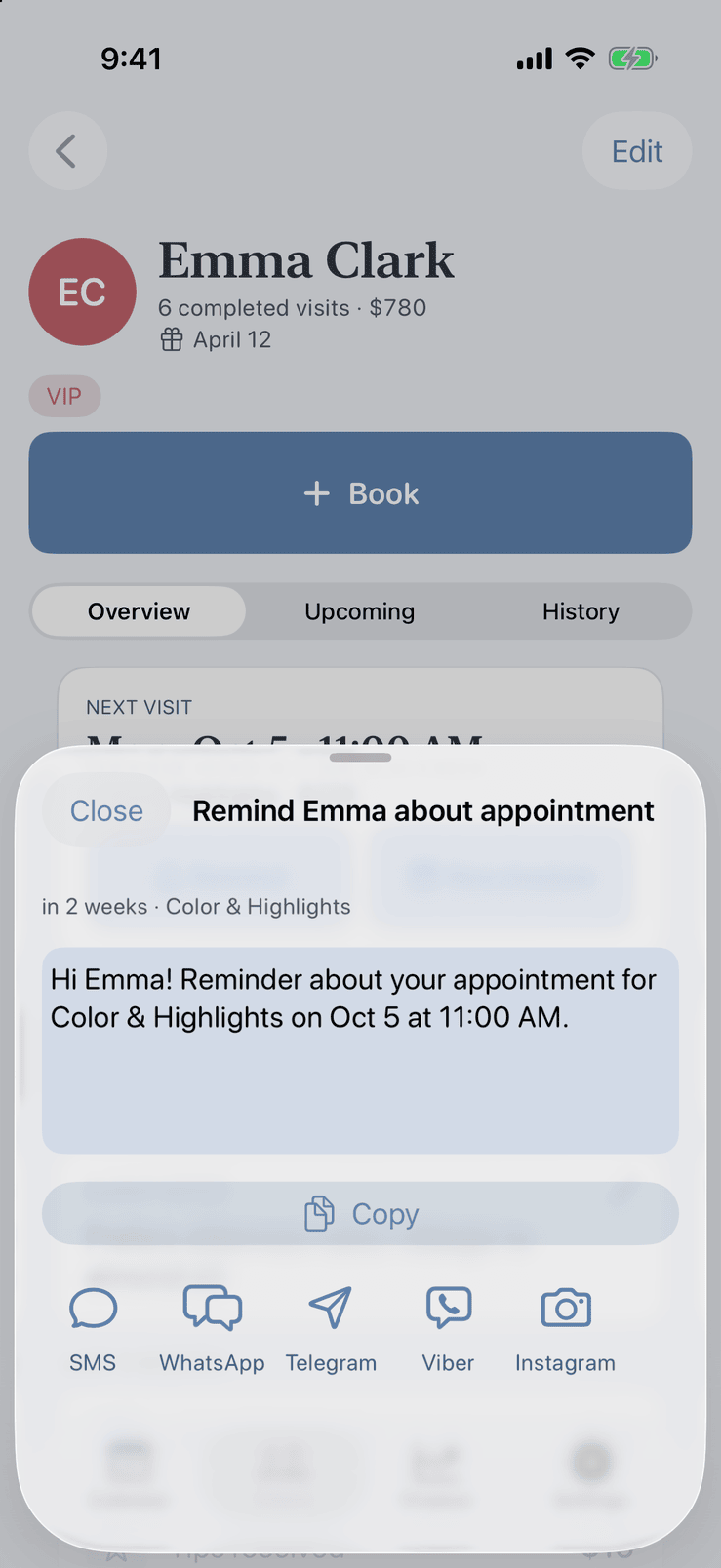 Reminder sheet in Pocket Client Book with a ready-to-send message and buttons for SMS, WhatsApp, Telegram, Viber and Instagram
