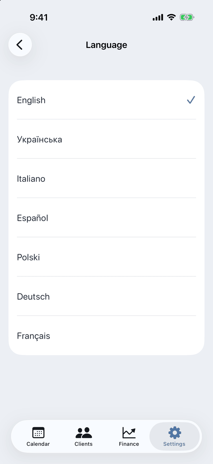 Language picker in Pocket Client Book settings: English, Ukrainian, Italian, Spanish, Polish, German and French, switched without restart